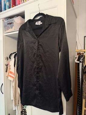 Black Satin Button-Up Shirt/ mini dress